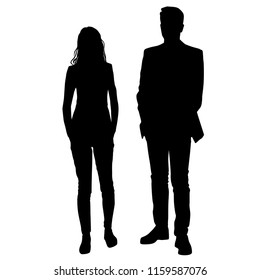 Vector silhouettes man and woman, couple,  business people, group , standing,  black color, isolated on white background