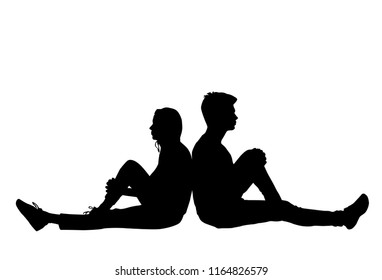 Vector silhouettes man and woman, couple, business people, group, sit, relax, color black, isolated on white background