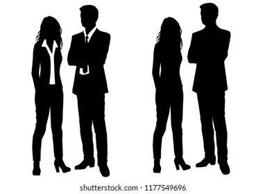 Vector silhouettes man and woman, couple,  business people, group , standing,  black color, isolated on white background