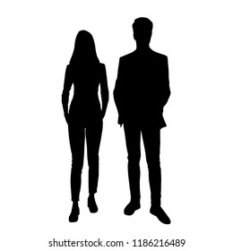 Vector silhouettes man and woman, couple,  business people, group , standing,  black color, isolated on white background