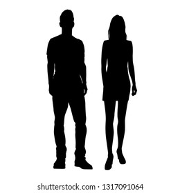 Vector silhouettes of  man and a woman, a couple of standing business people, black color isolated on white background