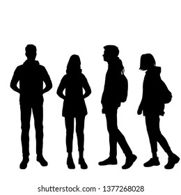 Vector silhouettes of  man and a woman, a couple of standing ahd walking business people with backpack, black color isolated on white background