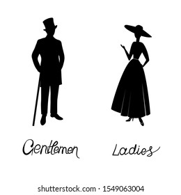 Vector silhouettes man and woman, couple, vintage, lady in a hat and a gentleman, people, group, standing, black, white background