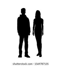 Vector silhouettes of  man and a woman, a couple of standing business people, black color isolated on white background - Shutterstock ID 1569787135