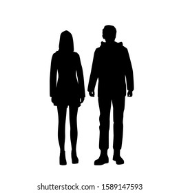 Vector silhouettes of  man and a woman, a couple of standing business people, black color isolated on white background