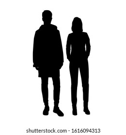 Vector silhouettes of  man and a woman, a couple of standing business people, black color isolated on white background