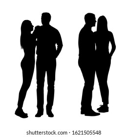 Vector silhouettes of  man and a woman, a couple of standing business people, profile, black color isolated on white background