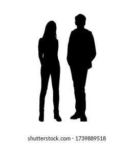 Vector silhouettes of  man and a woman, a couple of standing business people, black color isolated on white background