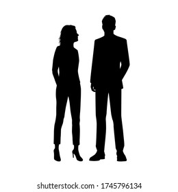 Vector silhouettes of  man and a woman, a couple of standing business people, black color isolated on white background
