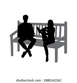 Vector silhouettes of a man and a woman, a couple sitting on a bench,  business people, black color, isolated on a white background