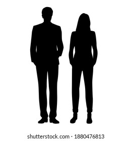 Vector silhouettes of  man and a woman, a couple of standing  business people, black  color isolated on white background