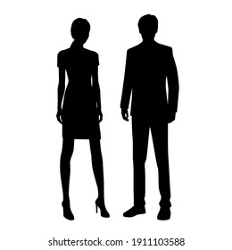 Vector silhouettes of  man and a woman, a couple of standing  business people, black  color isolated on white background