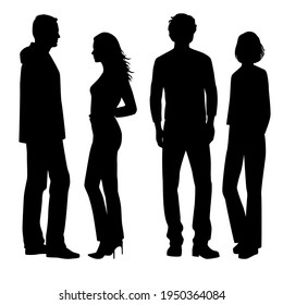 Vector silhouettes of  man and a woman, a couple of standing  business people, profile, black  color isolated on white background