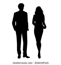 Vector silhouettes of  man and a woman, a couple of standing  business people, profile, black  color isolated on white background