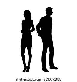 Vector silhouettes of  man and a woman, a couple of standing business people, black color isolated on white background