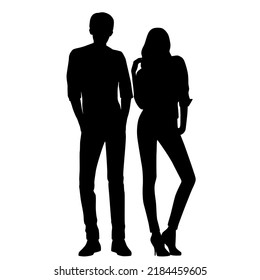 Vector silhouettes of  man and a woman, a couple of standing  business people, profile, black  color isolated on white background