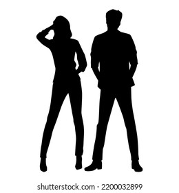 Vector silhouettes of  man and a woman, a couple of standing  business people, profile, black  color isolated on white background