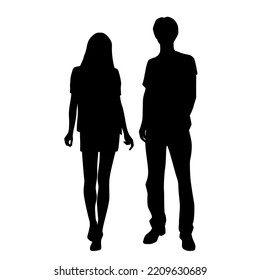 Vector silhouettes of  man and a woman, a couple standing   business people, black  color isolated on white background