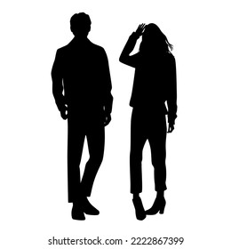 Vector silhouettes of  man and a woman, a couple standing   business people, black  color isolated on white background