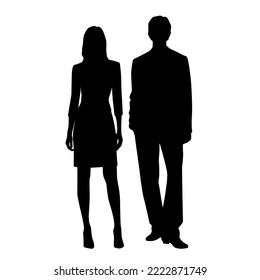Vector silhouettes of  man and a woman, a couple standing   business people, black  color isolated on white background