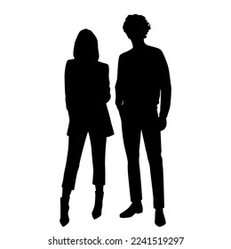 Vector silhouettes of  man and a woman, a couple standing   business people, black  color isolated on white background