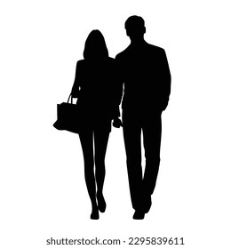 Vector silhouettes of  man and a woman, a couple of walking business people, profile, black color isolated on white background