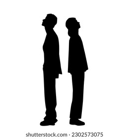 Vector silhouettes of a man and a woman, a couple of business people standing in profile, looking up, black color on a white background