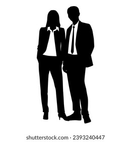 Vector silhouettes of  man and a woman, a couple standing   business people, black  color isolated on white background