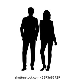 Vector silhouettes of  man and a woman, a couple standing   business people, black  color isolated on white background