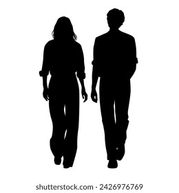 Vector silhouettes of man and woman, couple of walking business people, profile, black color isolated on white background