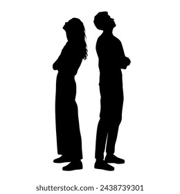 Vector silhouettes of a man and a woman, a couple of business people standing in profile, looking up, black color on a white background