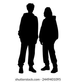 Vector silhouettes of  man and a woman, a couple standing   business people, profile, black olor isolated on white background