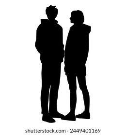 Vector silhouettes of  man and a woman, a couple standing   business people, profile, black olor isolated on white background