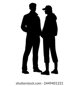 Vector silhouettes of  man and a woman, a couple standing   business people, profile, black olor isolated on white background