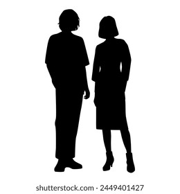 Vector silhouettes of  man and a woman, a couple standing   business people, profile, black olor isolated on white background