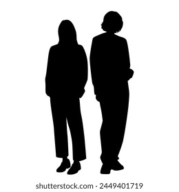 Vector siluetas de hombre y una mujer, una pareja de pie   gente de negocios, perfil, color negro aislado sobre fondo blanco