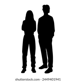 Vector silhouettes of  man and a woman, a couple standing   business people, profile, black olor isolated on white background