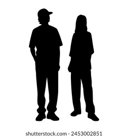 Vector silhouettes of  man and a woman, a couple standing   business people, profile, black olor isolated on white background