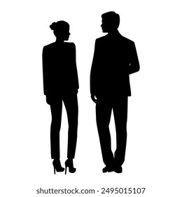 Vector silhouettes of man and woman, couple of standing business people, back view, profile, black color isolated on white background