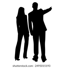 Vector silhouettes of man and woman, couple of standing business people, back view, profile, black color isolated on white background