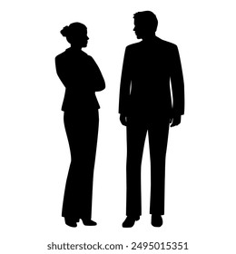 Vector silhouettes of  man and a woman, a couple standing   business people, profile, black color isolated on white background