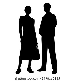 Vector silhouettes of  man and a woman, a couple standing   business people, profile, black color isolated on white background