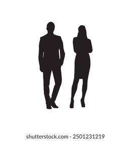 Vector silhouettes of man and a woman, a couple of standing business people, black color isolated on white background