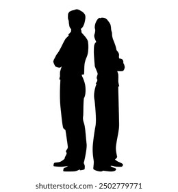 Vector silhouettes of  man and a woman, a couple standing   business people, profile, black color isolated on white background
