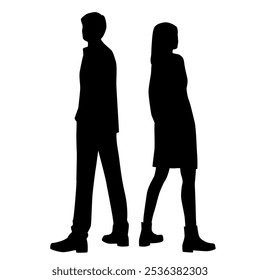 Vector silhouettes of  man and a woman, a couple standing   business people, profile, black color isolated on white background