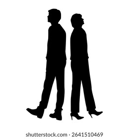 Vector silhouettes of  man and a woman, a couple standing   business people, profile, look up, black color isolated on white background