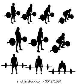 Vector Silhouettes of a Man and Woman doing Deadlifts with a Barbell.