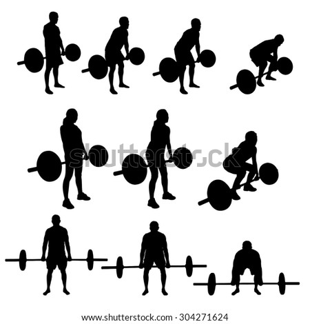 Vector Silhouettes of a Man and Woman doing Deadlifts with a Barbell.