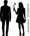 Vector silhouettes - Man and woman - Man gives flowers - Woman holds rose in hand