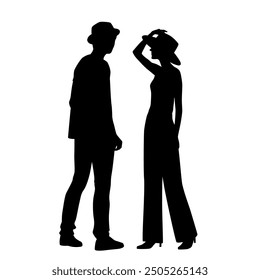 Vector silhouettes of  man and a woman, in hats, a couple standing   business people, profile, black color isolated on white background